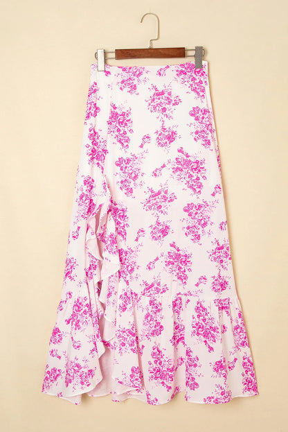 Floral Boho High Waist Ruffle Split Maxi Skirt