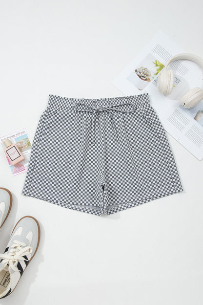 Checker Drawstring Elastic Waist Pocketed Shorts
