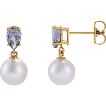 GC Tanzanite Pearl Earrings – 14K Yellow Gold Akoya Drop