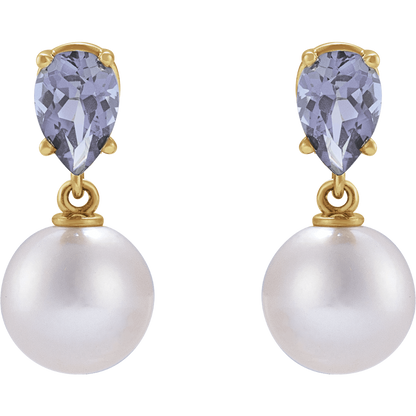 GC Tanzanite Pearl Earrings – 14K Yellow Gold Akoya Drop