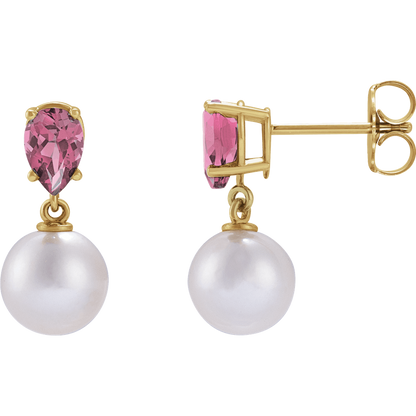 GC Pink Tourmaline Pearl Earrings – 14K Yellow Gold Akoya Drop