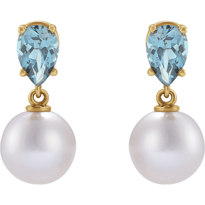 GC Aquamarine Pearl Earrings – 14K Yellow Gold Akoya Pearl Drop