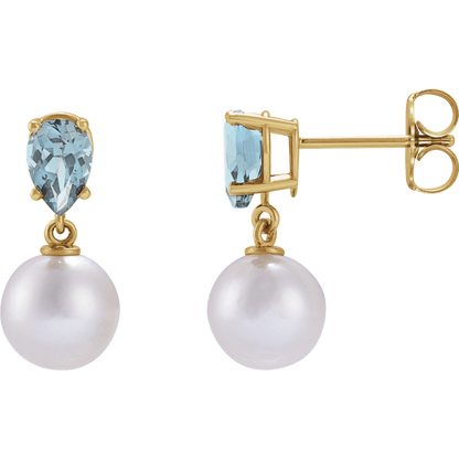 GC Aquamarine Pearl Earrings – 14K Yellow Gold Akoya Pearl Drop