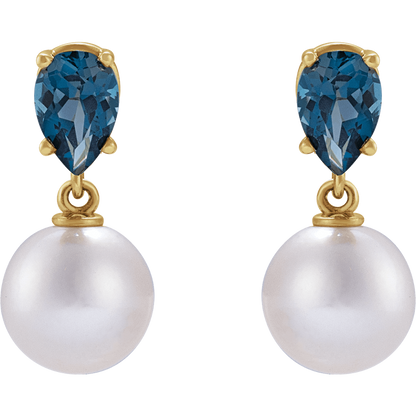 GC London Pearl & Blue Topaz Earrings – 14K Yellow Gold Akoya Pearl