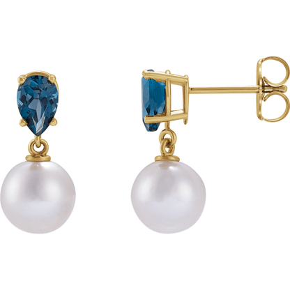 GC London Pearl & Blue Topaz Earrings – 14K Yellow Gold Akoya Pearl