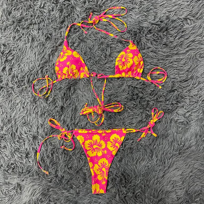 String Halter Swimwear Women Triangle Micro Bikinis Mujer Floral Print Swimsuit Female Sexy Bathing Suit Lace Up Biquini