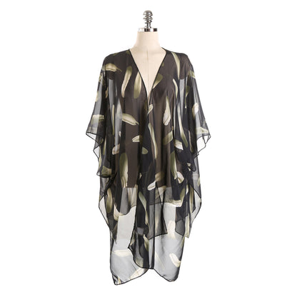 Summer Travel Feather Pattern Cardigan Beach Cover Up Swimwear Cover Up