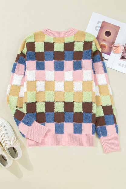 Checker Textured Knit Button Front Cardigan Sweater