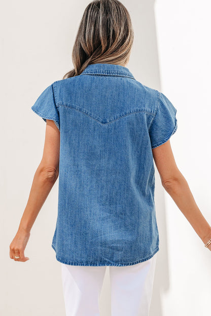 Solid Denim Ruffle Short Sleeve Buttoned Shirt