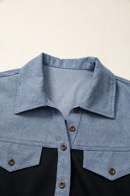 Colorblock Denim Waffle Knit Patchwork Polo Top