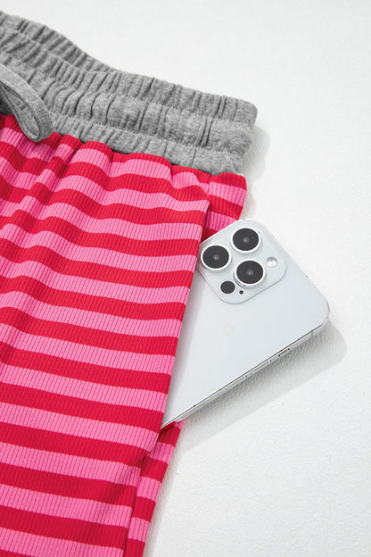 Stripe Contrast Elastic Waist Ribbed Shorts
