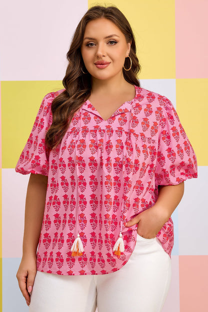 Plus Size Floral Tassel Tie Puff Sleeve Blouse