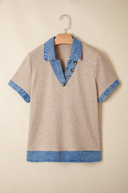 Denim Patchwork Ribbed Knit Collared Blouse