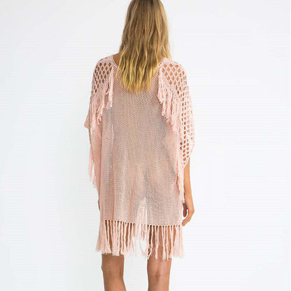 Knitted Tassel Beach Cover-up Sexy Knitted Holiday Sun Protection Shirt Seaside Bikini Swimsuit Blouse