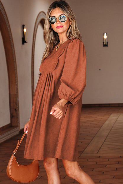 Corduroy Pleated Scallop Neck 3/4 Sleeve Mini Dress