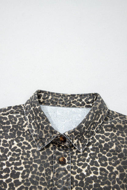 Leopard Denim Short Sleeve Button Up Cropped Shirt