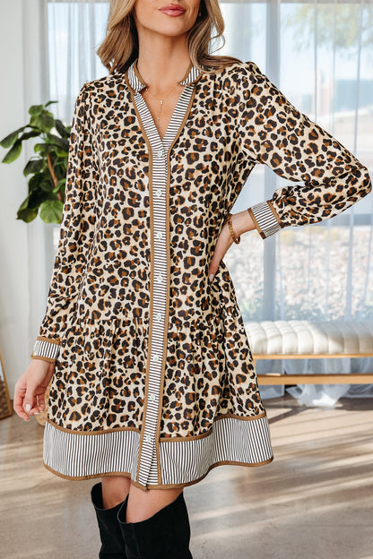 Leopard Stripe Trim V-Neck Mini Dress