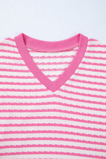 Stripe Textured Knit V-Neck Short Sleeve Top
