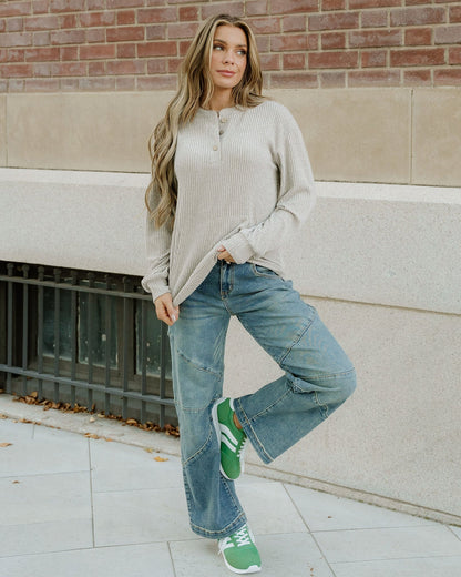 Addison Ribbed Texture Drop Shoulder Henley Knit Top