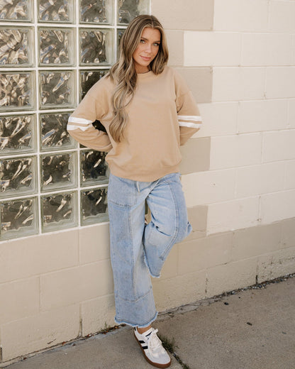 Varsity Striped Sleeve Loose Sweatshirt - Light French Beige