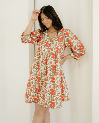 Gabriela Ricrac Trim V Neck 3/4 Sleeve Loose Mini Dress