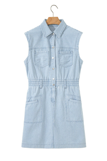 Stripe Denim Collared Button-Front Sleeveless Dress
