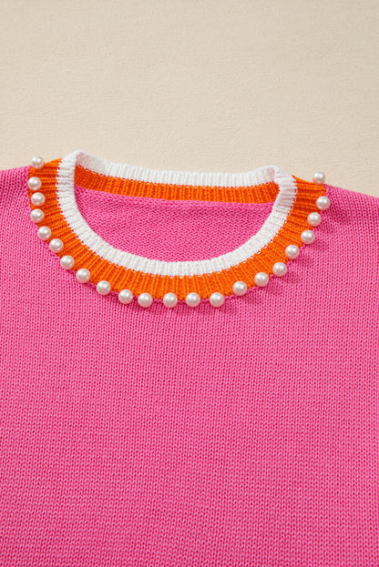 Pearl Contrast Trim Crewneck Drop Shoulder Sweater
