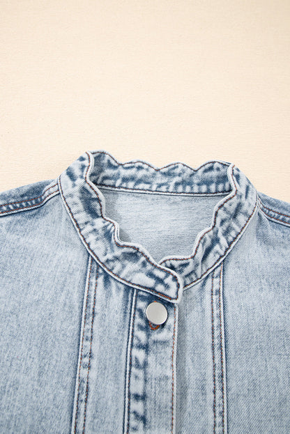 Denim Button-Front Scallop Trim Patch Pocket Vest