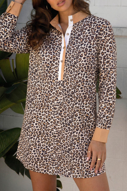 Leopard Stripe Collar Half Buttoned Flared Dress