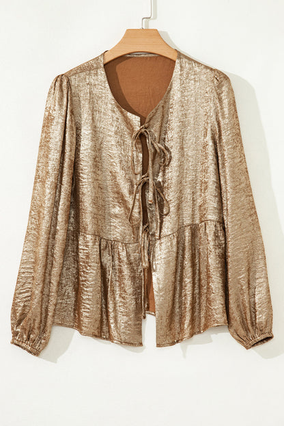 Metallic Tied Front Long Sleeve Babydoll Blouse