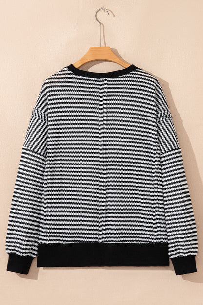 Stripe Ribbed Trim Drop Shoulder Top