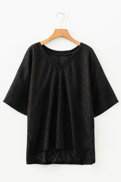 Plus Size Solid Pointelle Knit Rhombus V-Neck Top