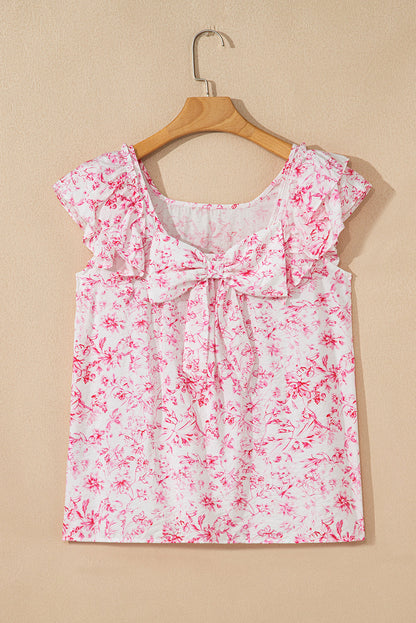 Floral Bow-Back Square Neck Ruffle Sleeve Blouse