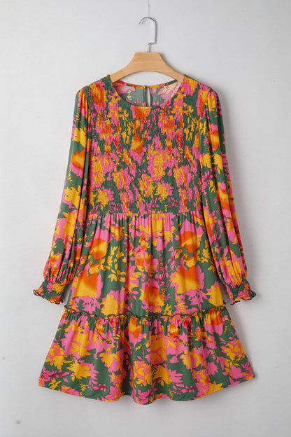Floral Smocked Ruffle Hem Long Sleeve Mini Dress