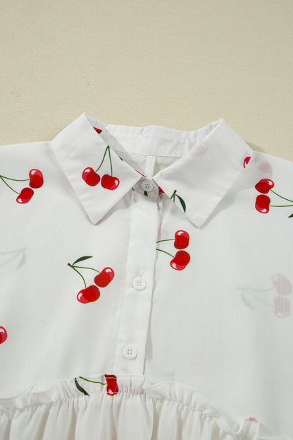 Cherry Frilled Collar 3/4 Sleeve Babydoll Blouse