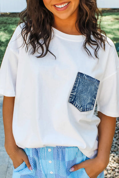 Colorblock Chest Pocket Patch Short Sleeve Top