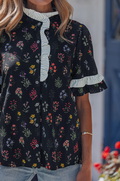 Floral Contrast Frill Trim Short Sleeve Shirt