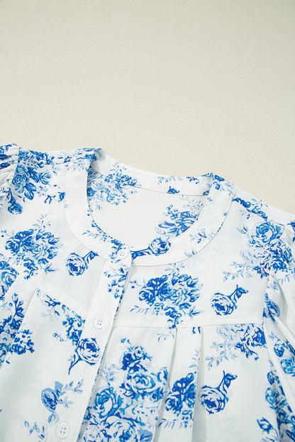 Floral Tiered Puff Sleeve Pleated Bust Buttoned Shirt