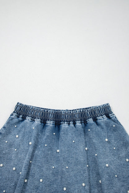 Denim Pearl Embellish Elastic Waist Mini Skort