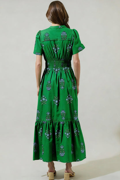 Floral Split Neck Shirred High Waist Maxi Dress