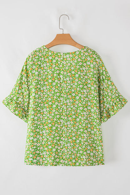 Floral Ruffle Sleeve V-Neck Blouse