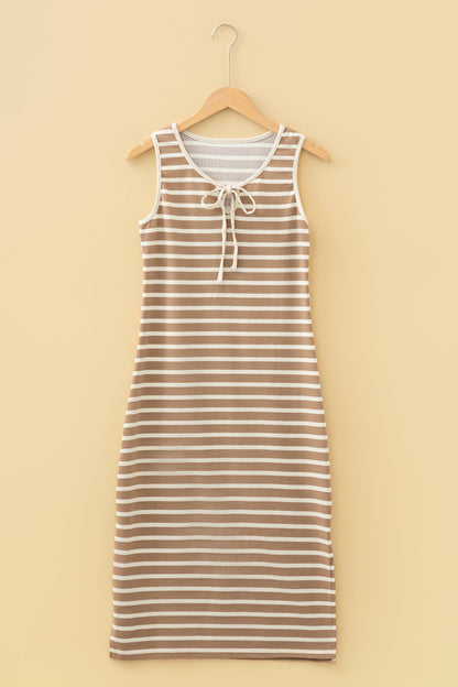 Stripe Tie V-Neck Sleeveless Midi Dress