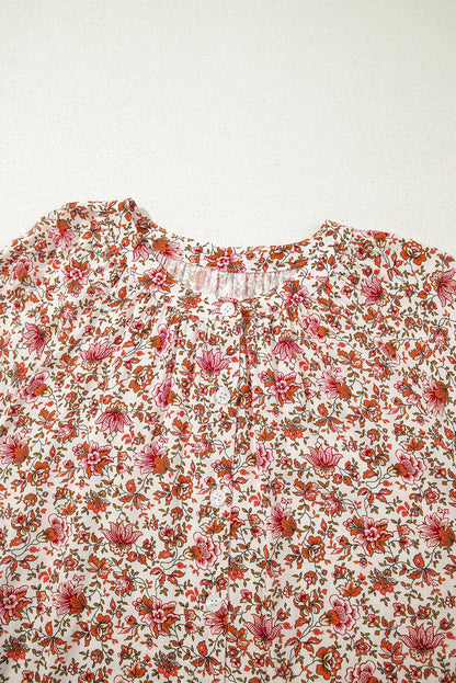 Floral Pleated Notched Neck Puff Sleeve Blouse
