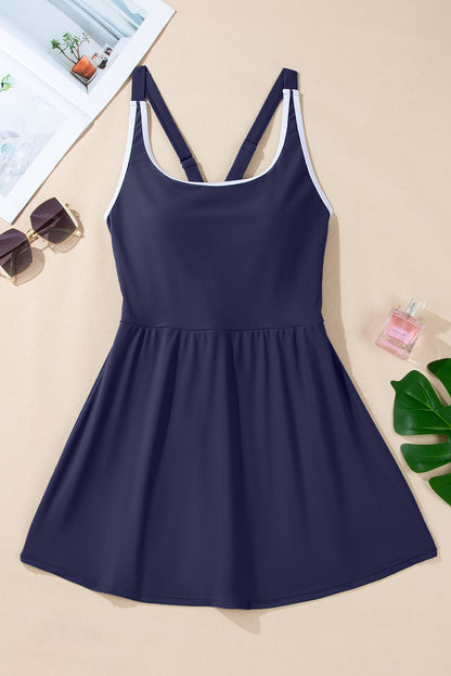 Contrast Trim Ruffle High Waist Swim Dress