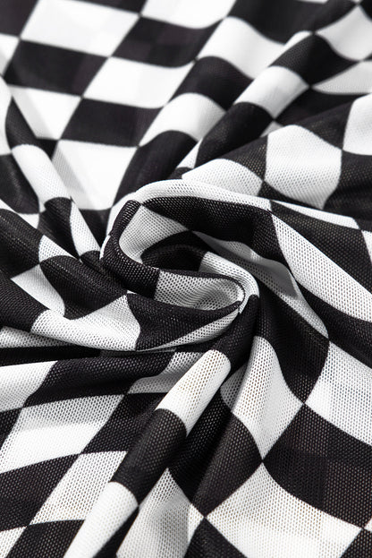 Short Sleeve Checkered Mesh Crew Neck T Shirt - Black