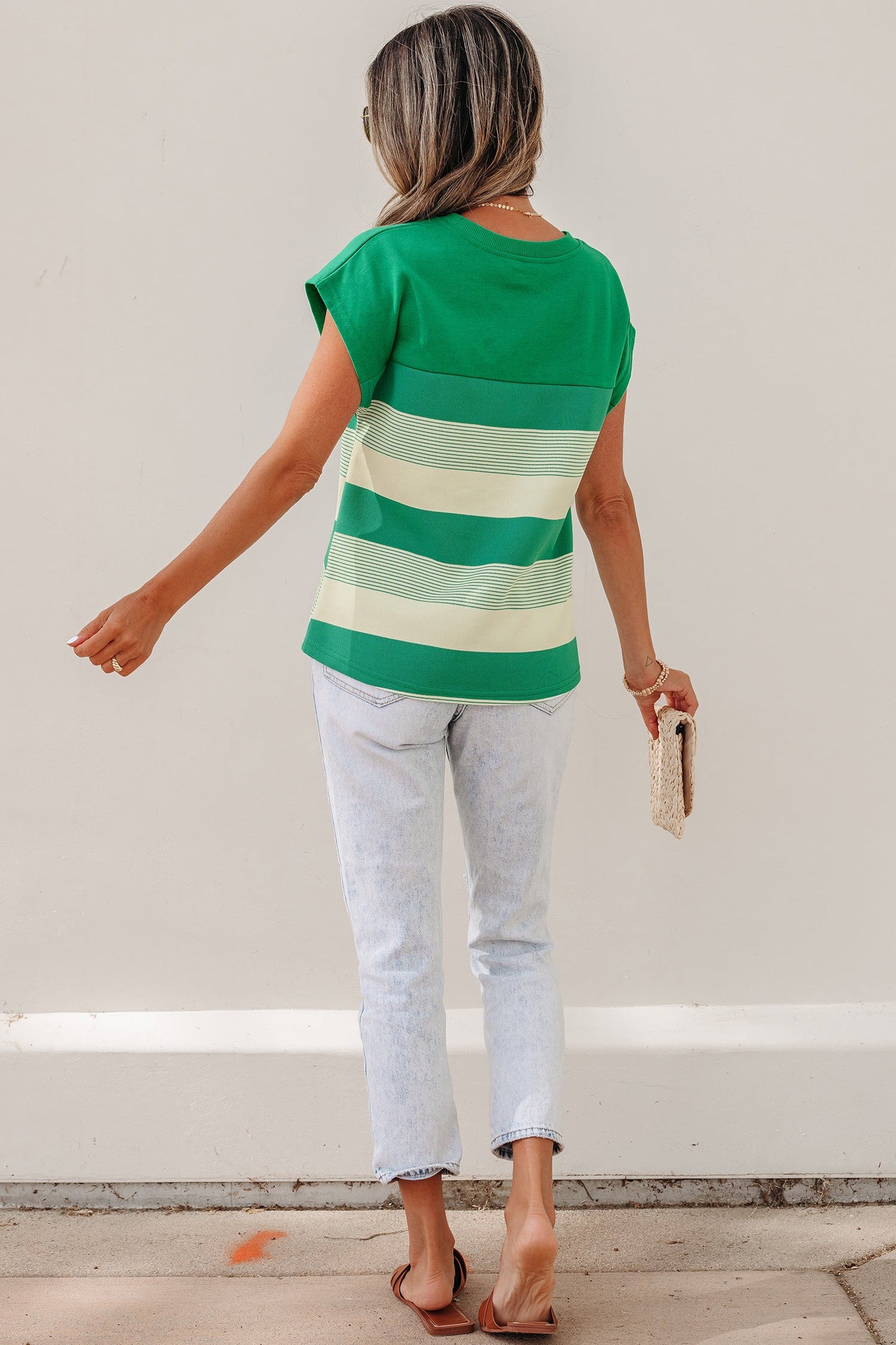 Stripe Mixed Crew Neck Cap Sleeve T-Shirt