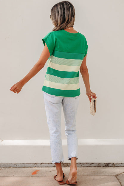Stripe Mixed Crew Neck Cap Sleeve T-Shirt