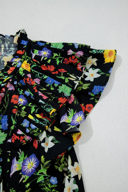 Flower Tiered Flutter Sleeve V-Neck Blouse