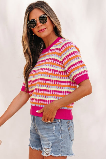 Abstract Stripe Short Sleeve Sweater Knit Top