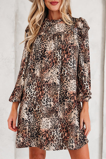 Leopard Ruffle Long Sleeve Mini Dress